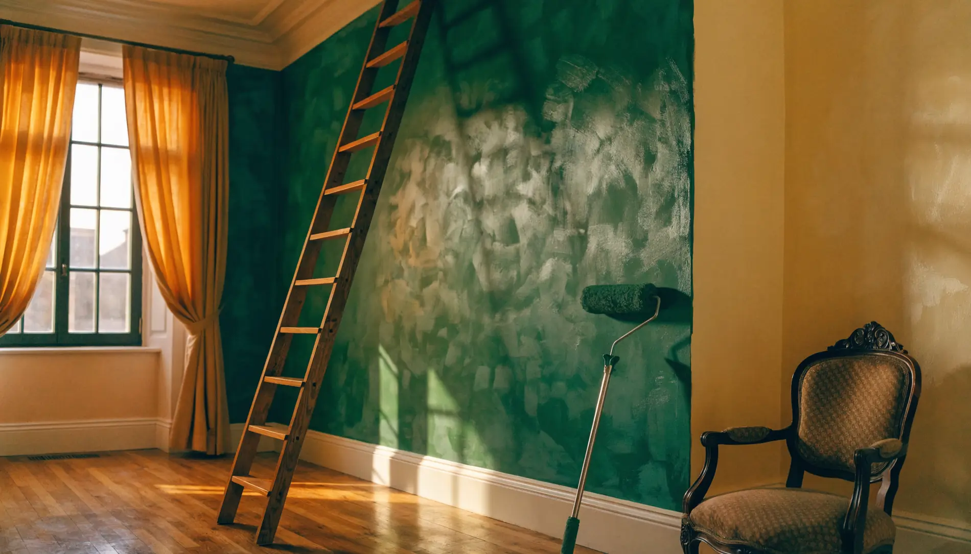 Frisch in tiefem Petrolgrün gestaltete Wand in einem hellen Bremer Altbau-Zimmer, Leiter und Farbroller im Morgenlicht